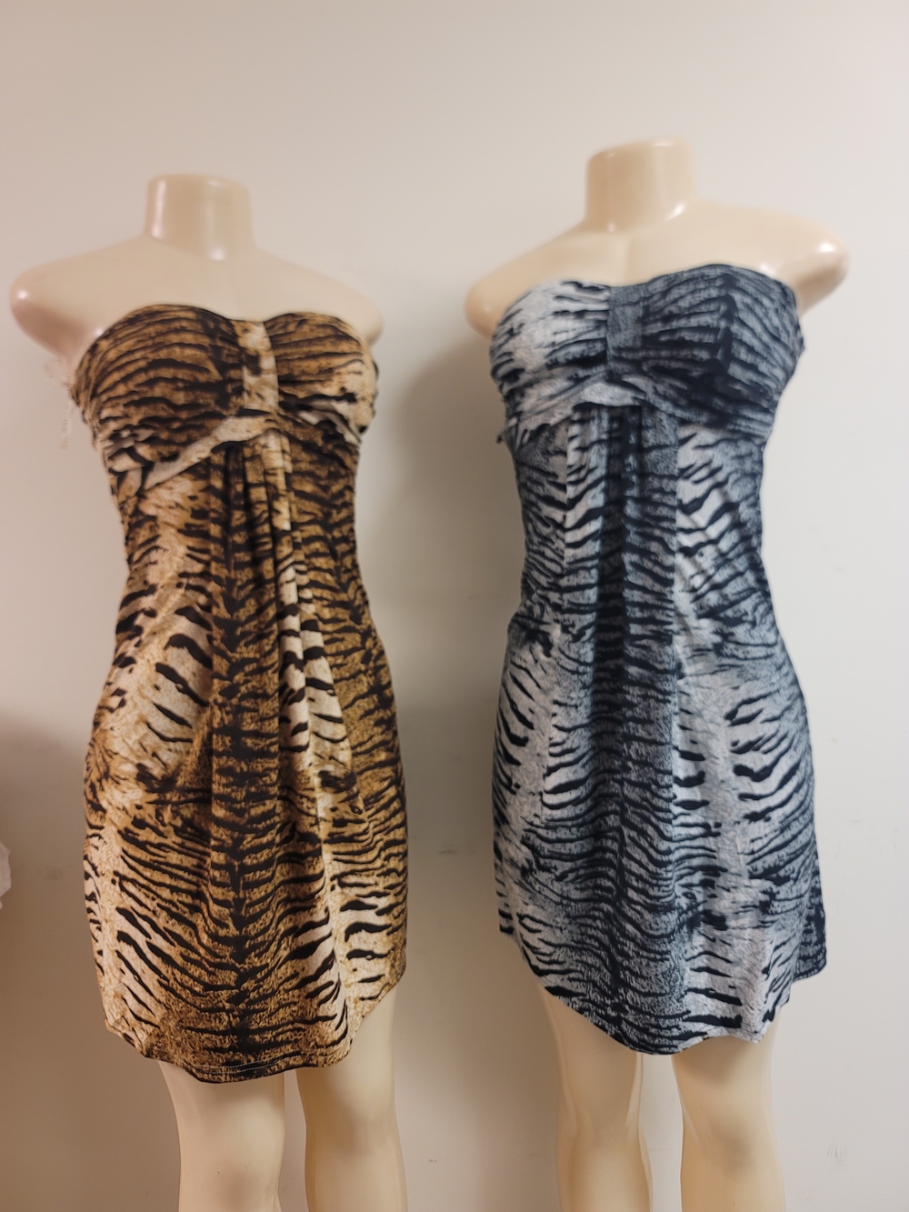 2 Strapless Zebra-Print Mini Dress in Tan or Gray